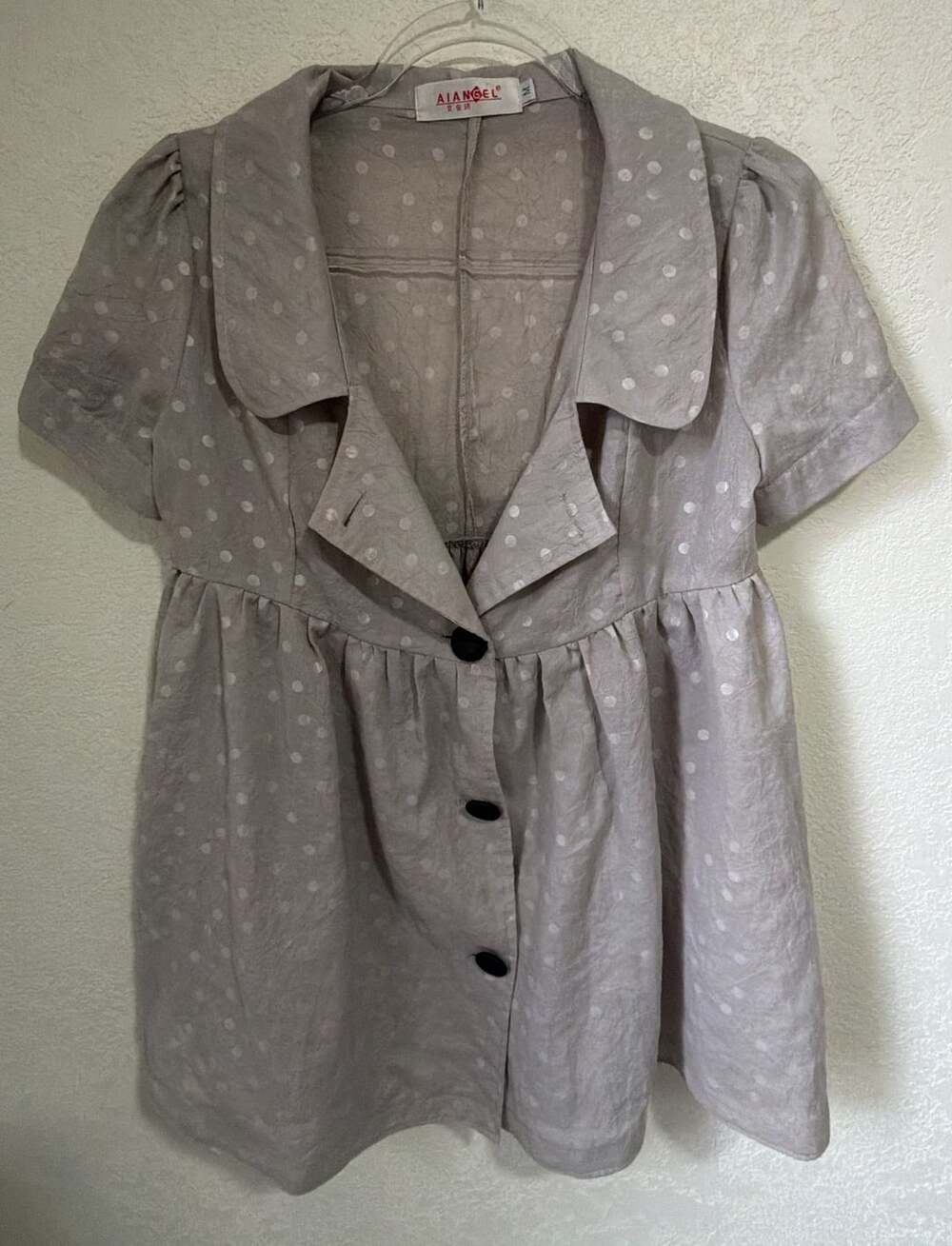 Aiangel Blouse Size M Gray Polka Dot Cotton Silk Short Sleeve